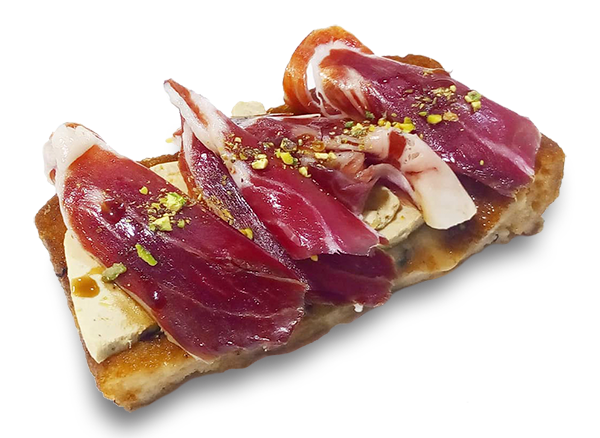 Tosta en pan de torrija con jamón, foie de pato y compota de manzana